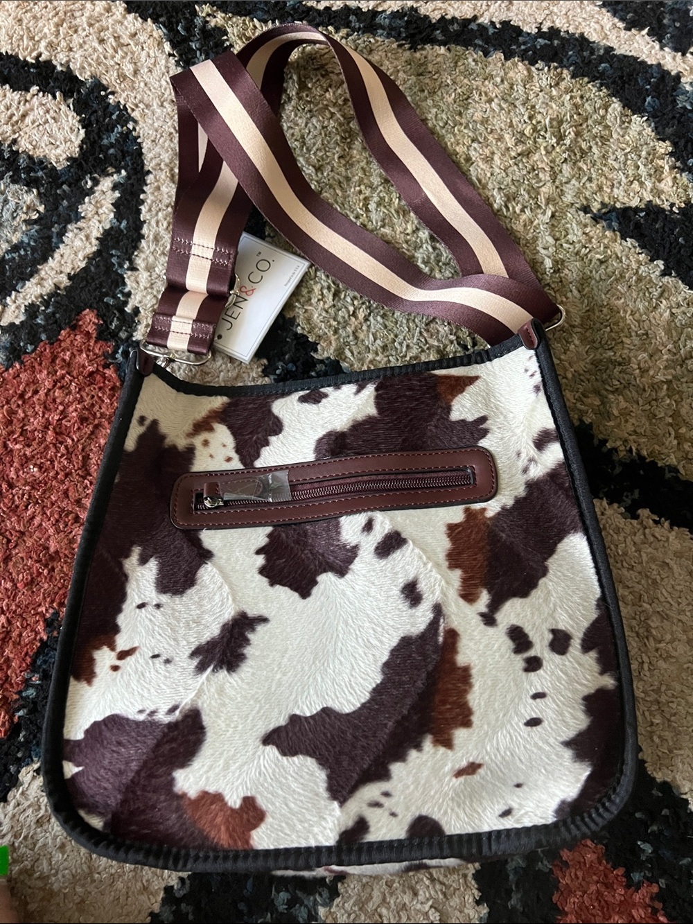 Striped-Handle Cowhide Shoulder Bag in Brown & White